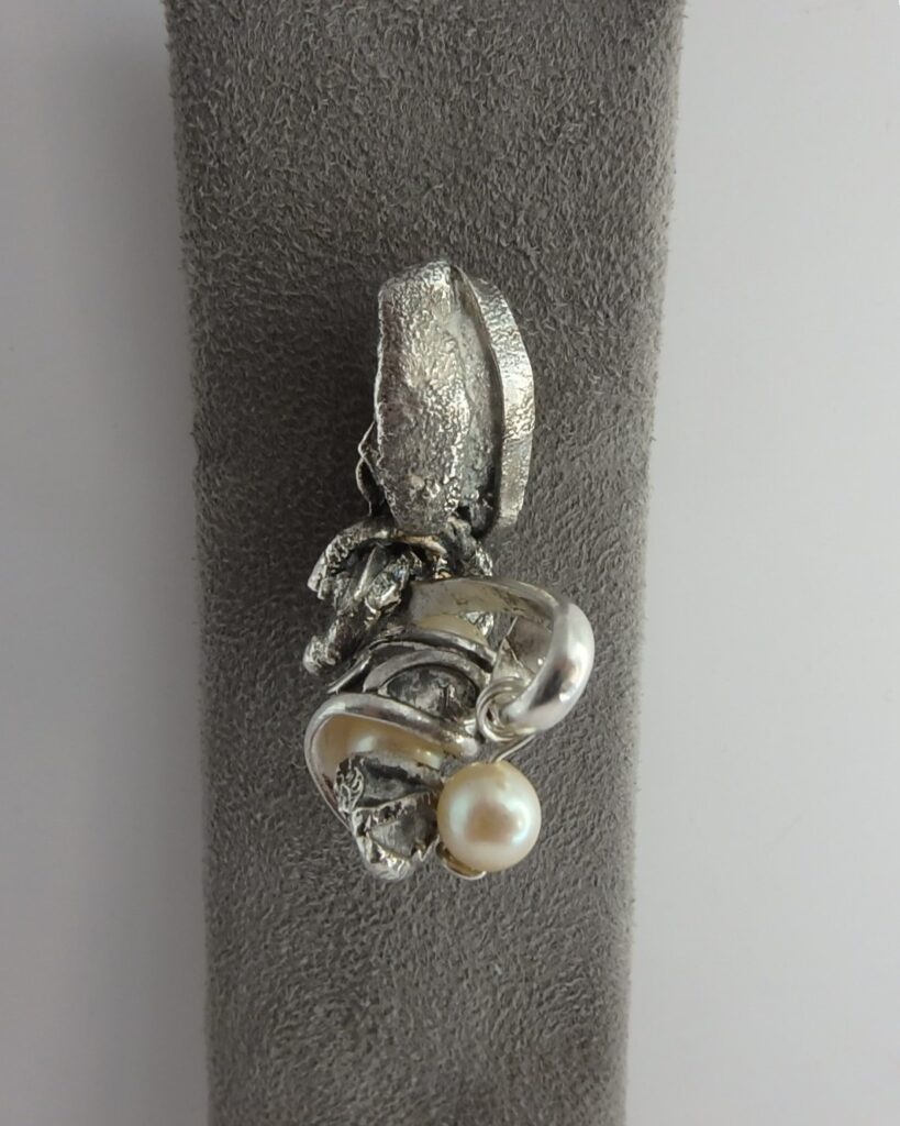 Abstract Sculptural Pearl Anniversary Brooch in Sterling Silver and Pearl